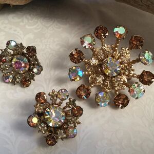 Vintage Aurora Borealis & Topaz Starburst Brooch & Earrings